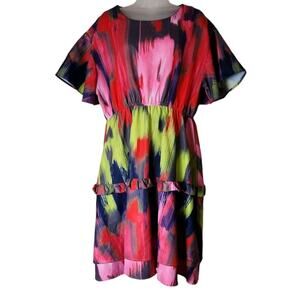 N By Nancy Ruffled Tiered Colorful Dress Plus Sz 2XL Flutter Sleeves Party Artzy